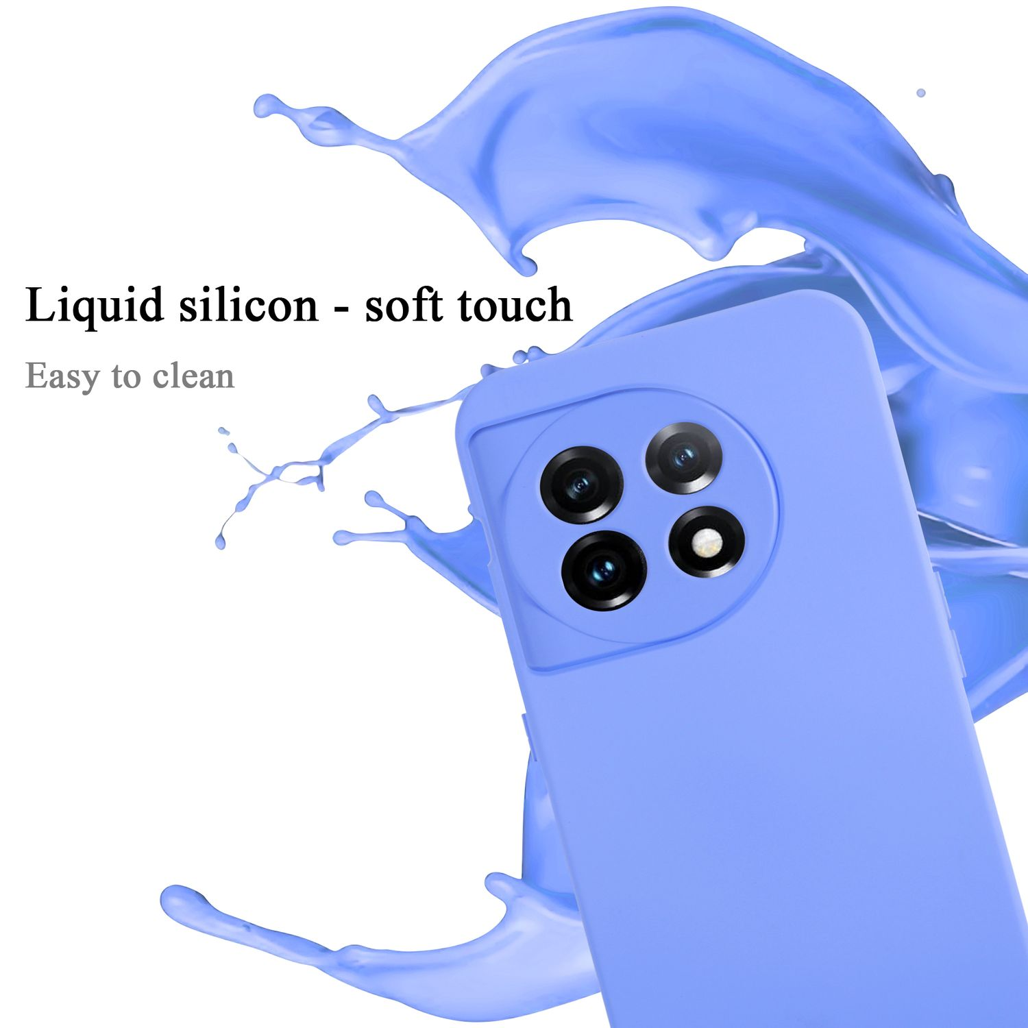 Eine hellblaue Handyhülle hat einen Wasserspritzer. Text: Flüssiges Silikon - Soft-Touch. Leicht zu reinigen.