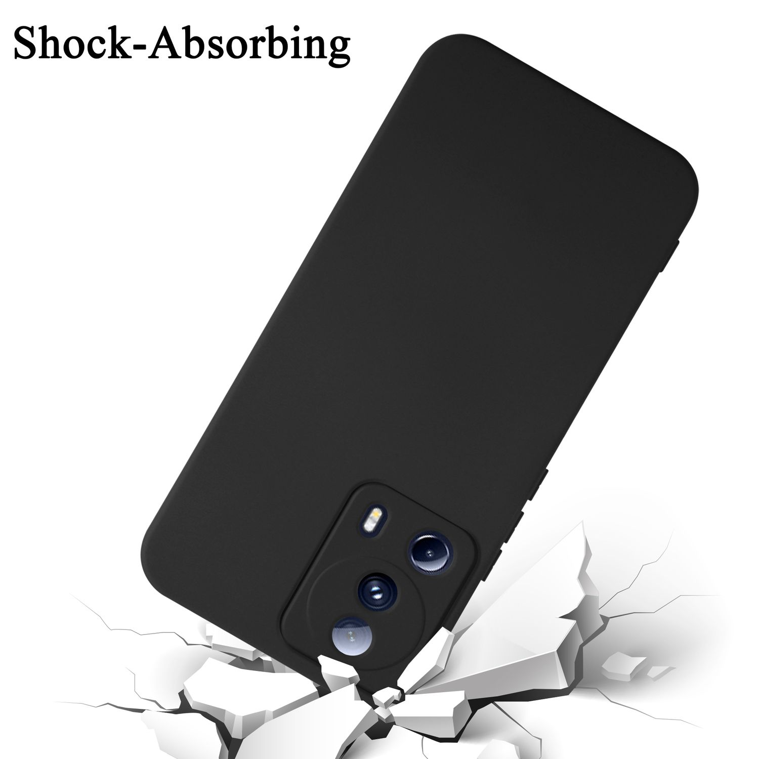 Custodia nera che rompe il terreno. Testo 'Shock-Absorbing' visibile.