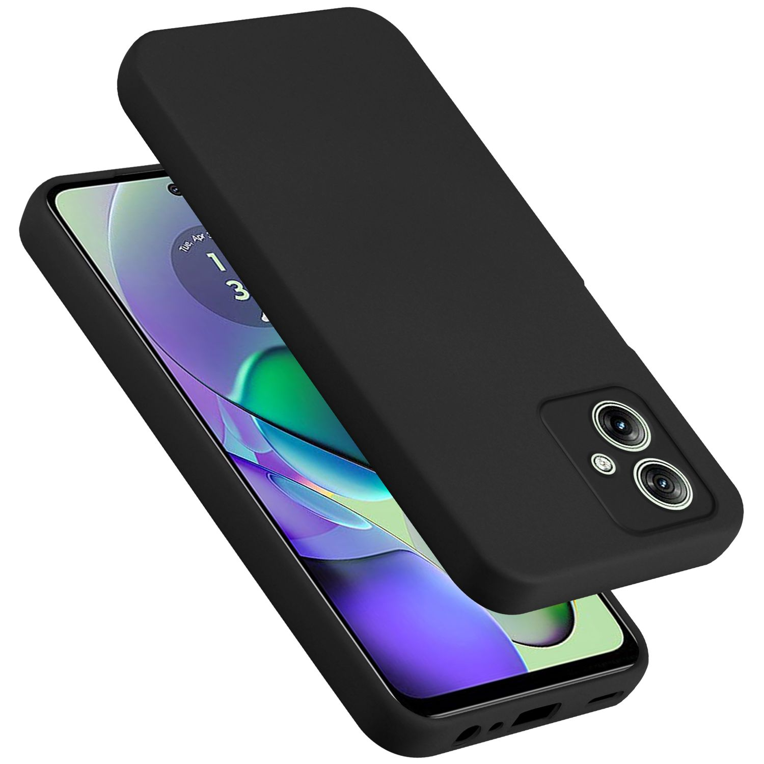 Custodia nera con telefono. Il telefono ha uno schermo e fotocamere.