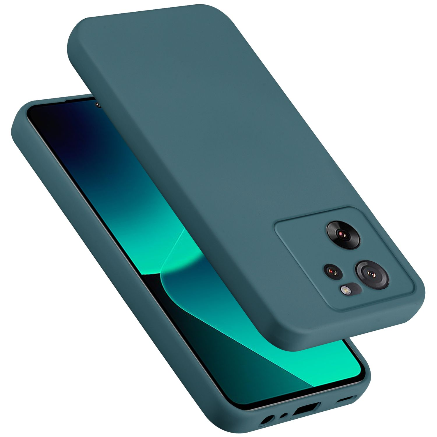 Zwei tealfarbene Handyhüllen, eine bedeckt ein Telefon, die andere darüber. Ein tealfarbenes Telefon.