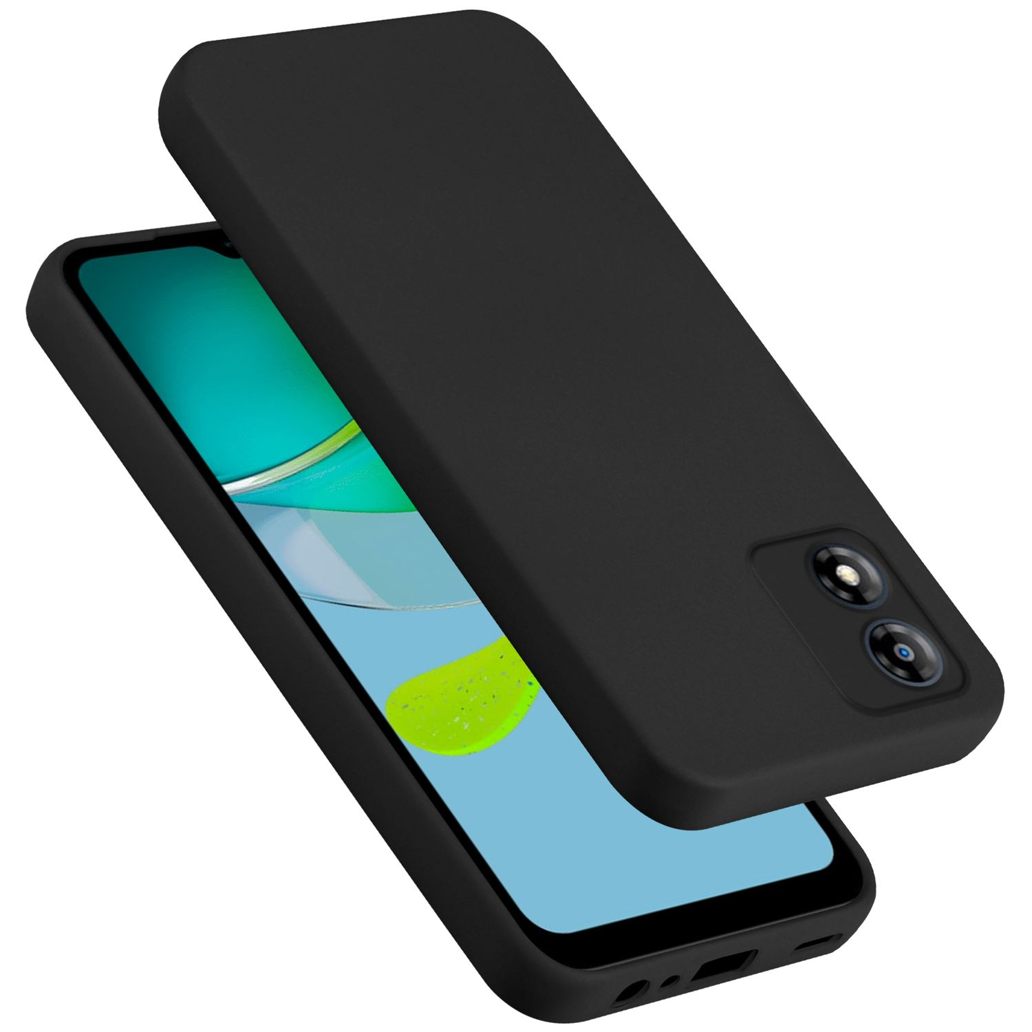 Custodia nera per telefono con un telefono all'interno, vista angolata, che mostra le fotocamere e lo schermo del telefono.