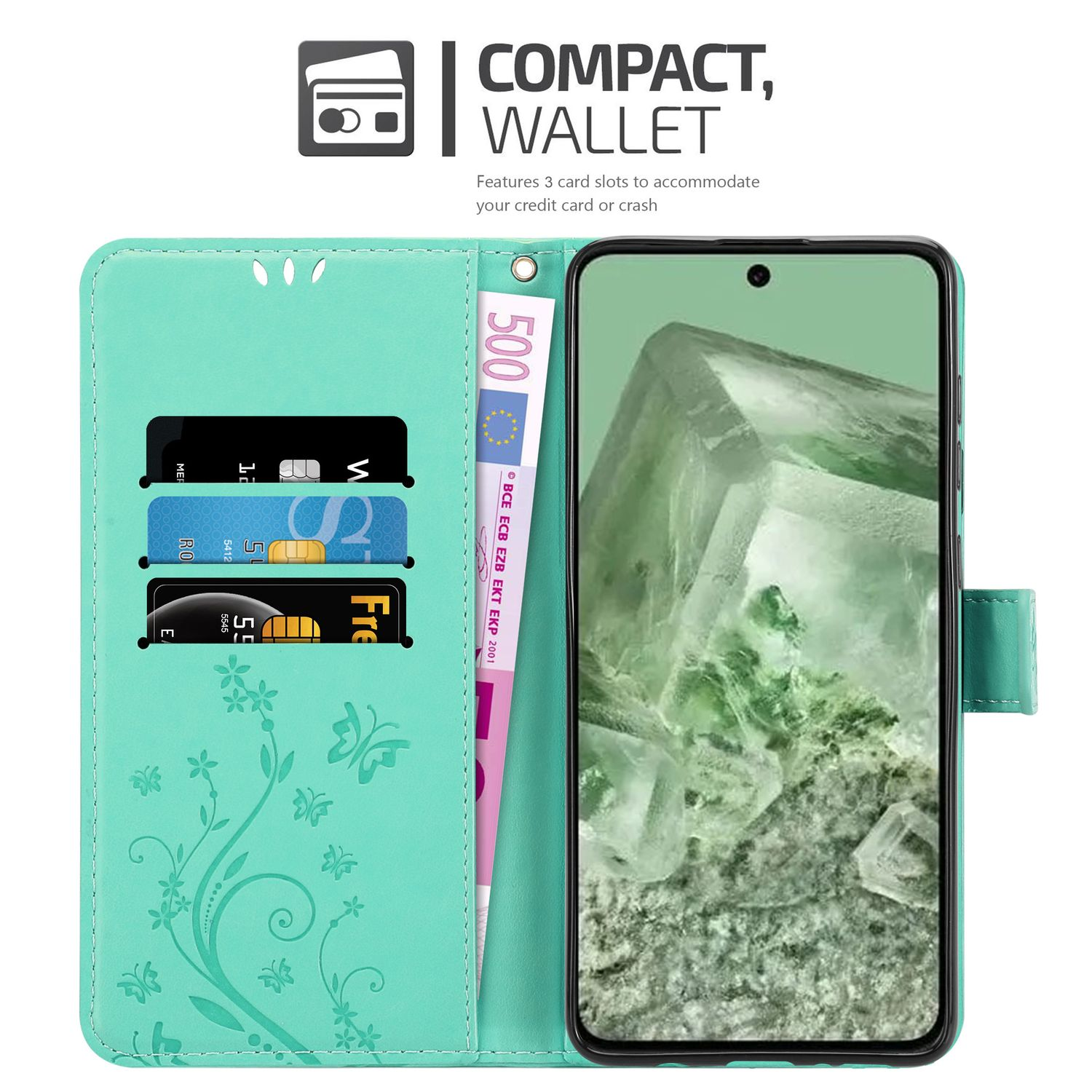 Una custodia per telefono verde acqua è aperta con carte e una banconota da 500 euro. Un telefono è visibile. Il testo recita 'Compact, Wallet'.