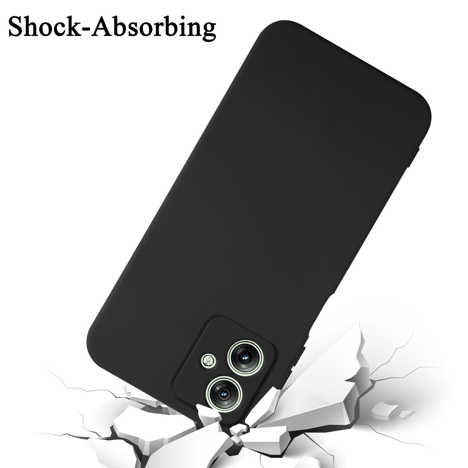 Una custodia nera per telefono che rompe una superficie bianca, con testo 'Shock-Absorbing' in alto.