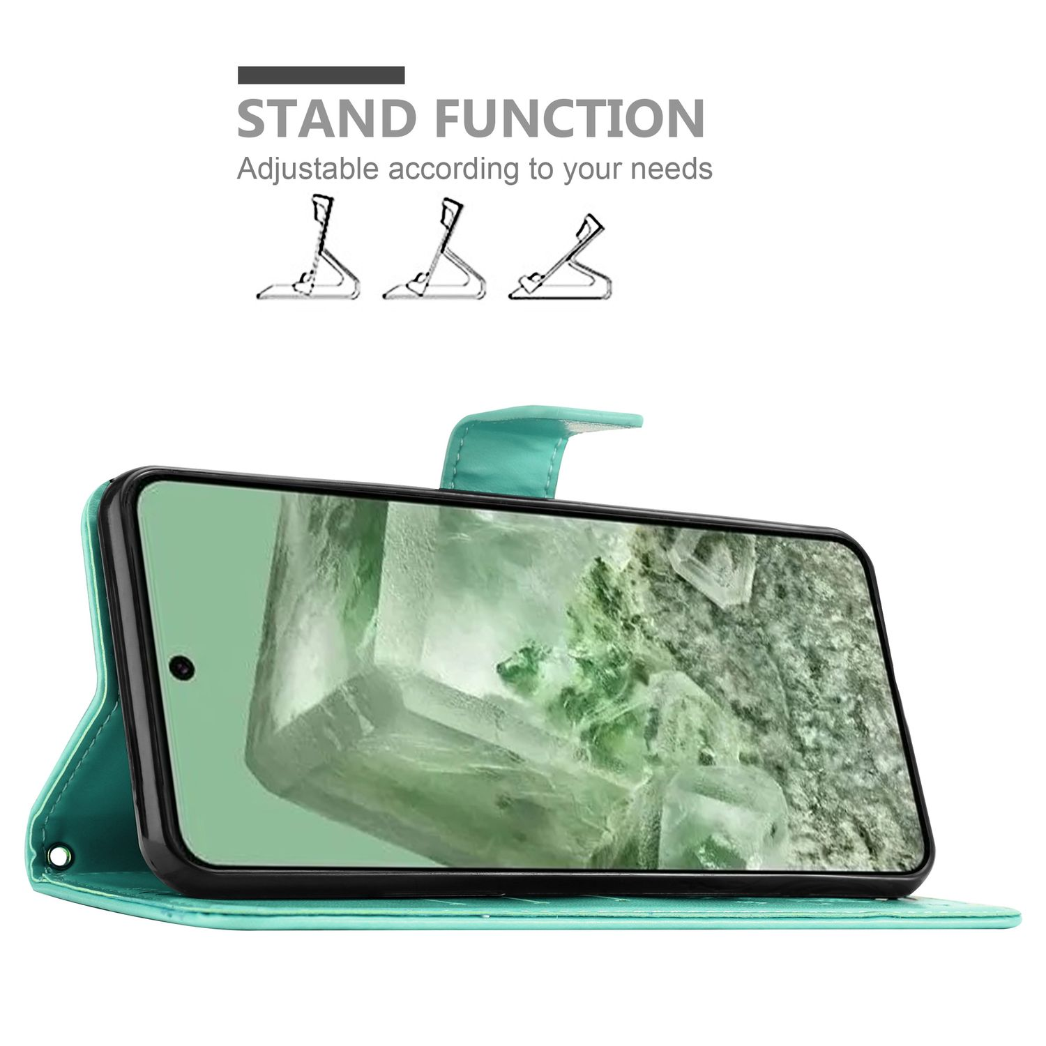 Una custodia per telefono verde acqua con un telefono che mostra una scena di formazione rocciosa e icone della funzione di supporto.
