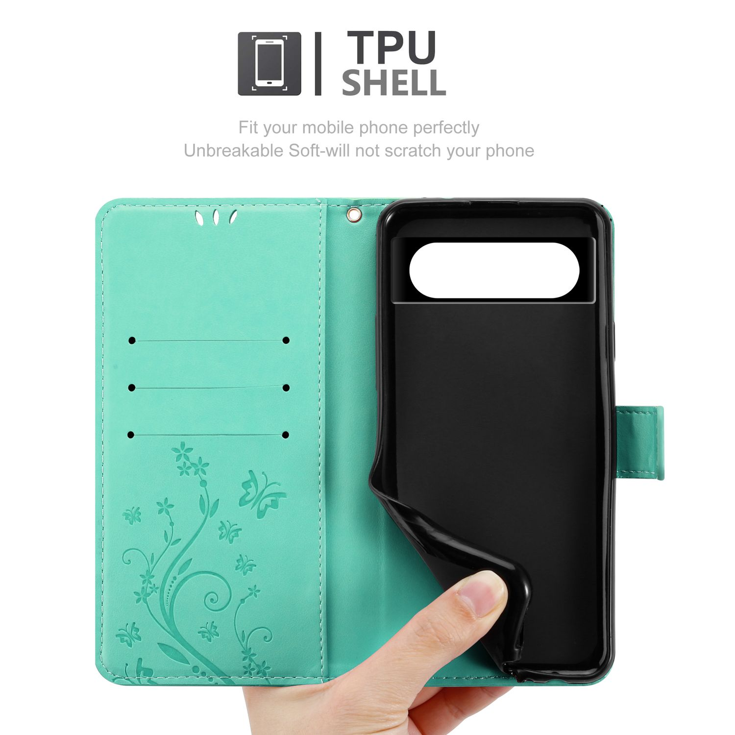 Custodia del telefono verde acqua aperta, che rivela un telefono. La custodia presenta un design floreale e una mano che tiene il telefono.