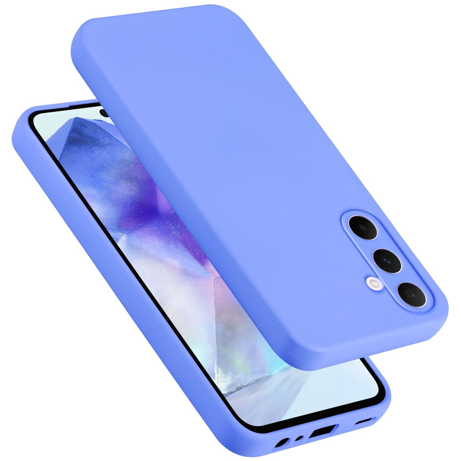 Una custodia blu per telefono su un telefono con sfondo dorato.