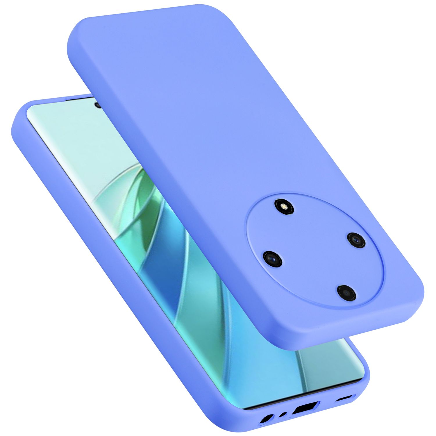 Telefono blu con custodia blu. Il telefono ha 3 fotocamere posteriori. La custodia è aperta.