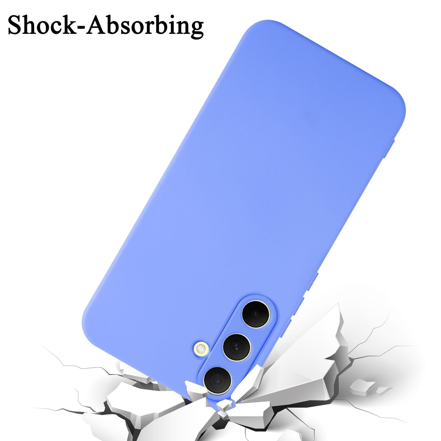 Una custodia blu per telefono con design a tripla fotocamera, mostrata con crepe e testo 'Shock-Absorbing'.