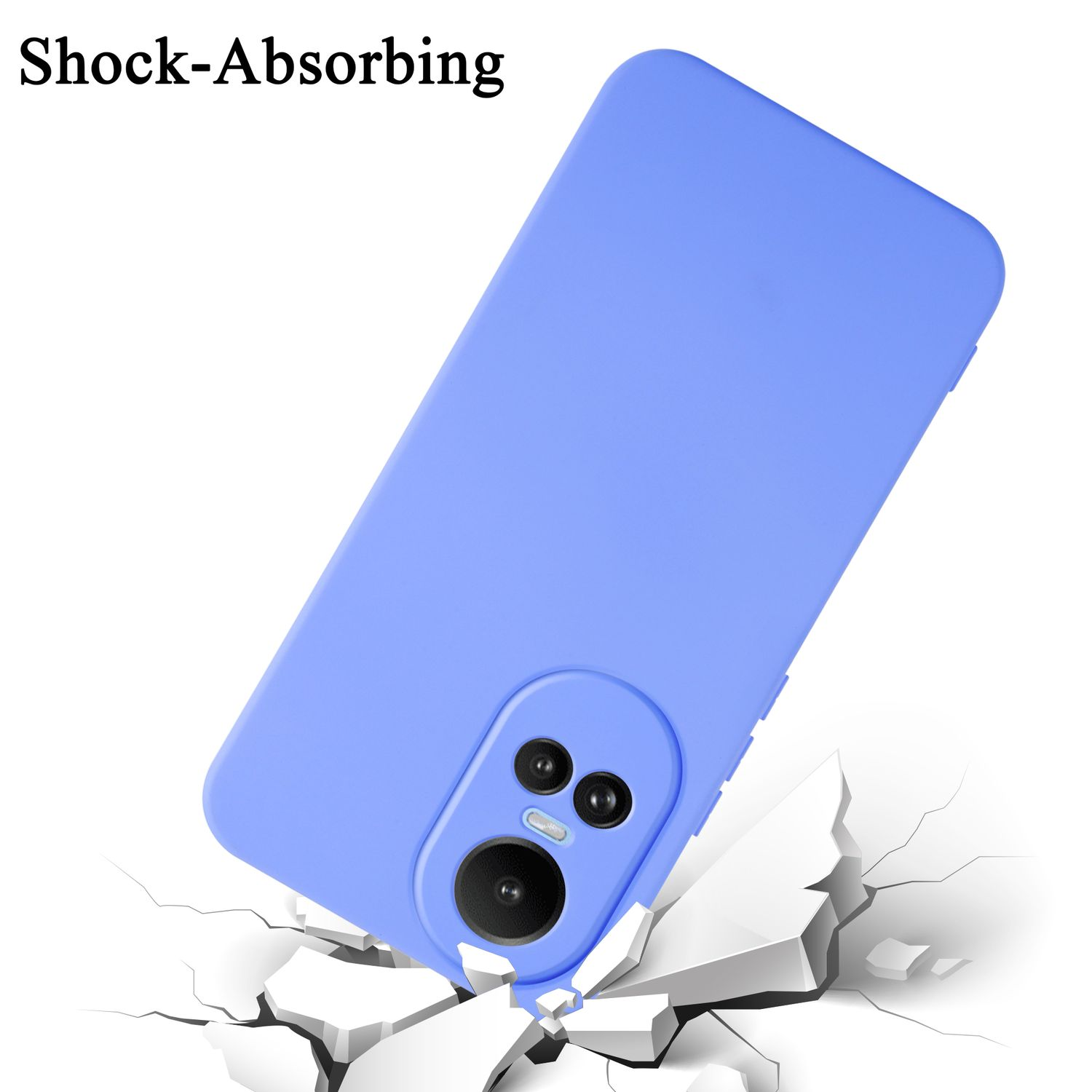 Una custodia blu che cade e rompe il terreno, con l'etichetta Shock-Absorbing.