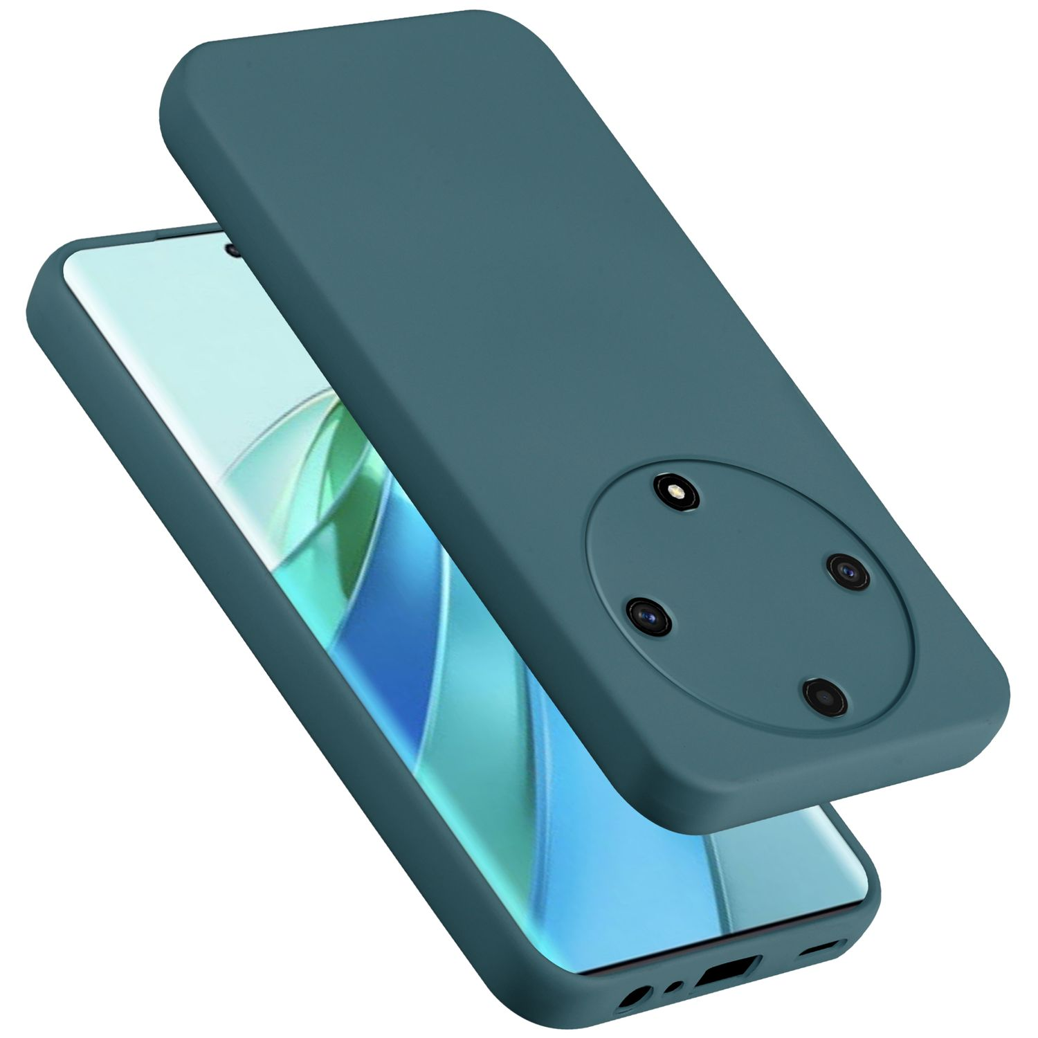 Custodia teal con un telefono all'interno. Sfondo bianco.