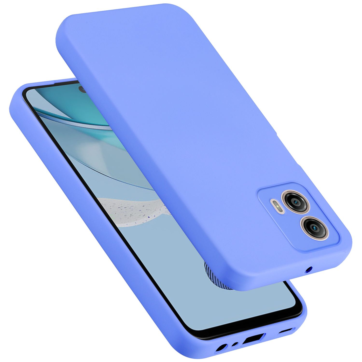 Lila Handyhülle mit einem Telefon darin, schräge Ansicht, die Kameras und den Bildschirm des Telefons zeigt.