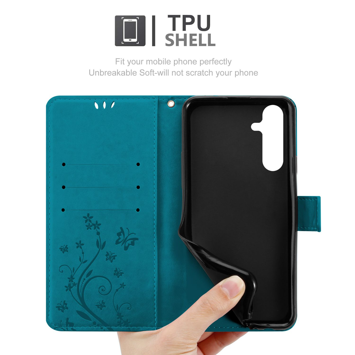 Custodia per telefono verde acqua aperta, che mostra il telefono all'interno. Una mano tiene la custodia.