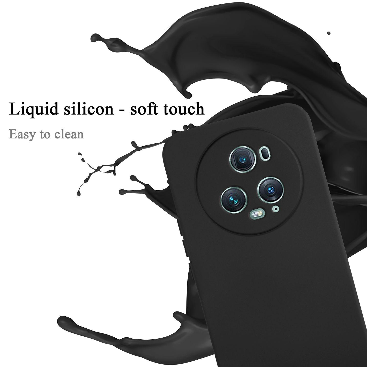 Una custodia per telefono nera con uno schizzo di liquido nero, che mostra la fotocamera del telefono.