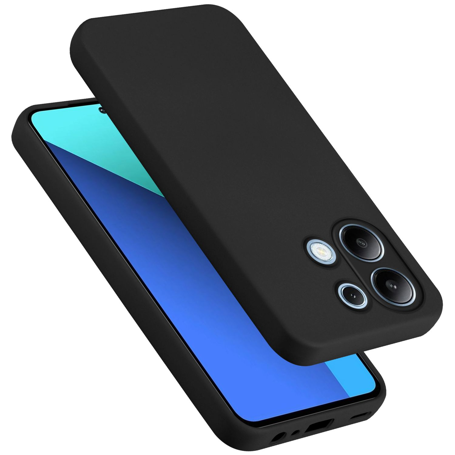 Custodia per telefono nera con telefono all'interno, la custodia è aperta.