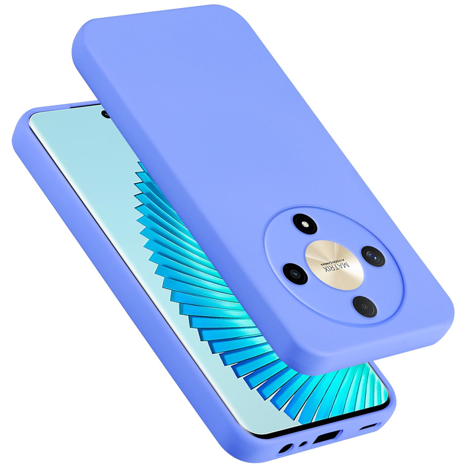 Custodia per telefono blu sopra un telefono con schermo che mostra un modello di telefono.