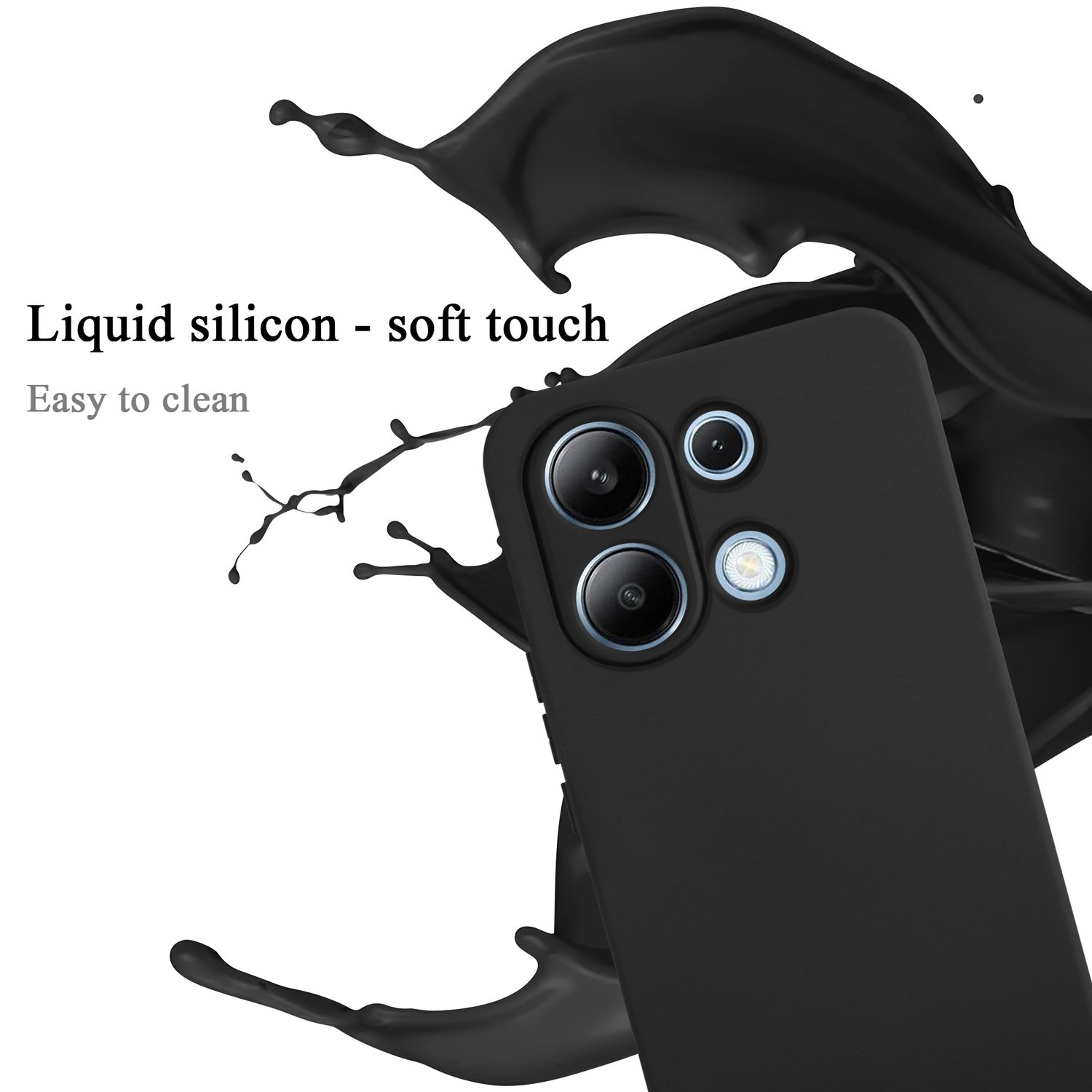 Custodia nera per telefono con tre obiettivi. Schizzo di liquido nero sullo sfondo.