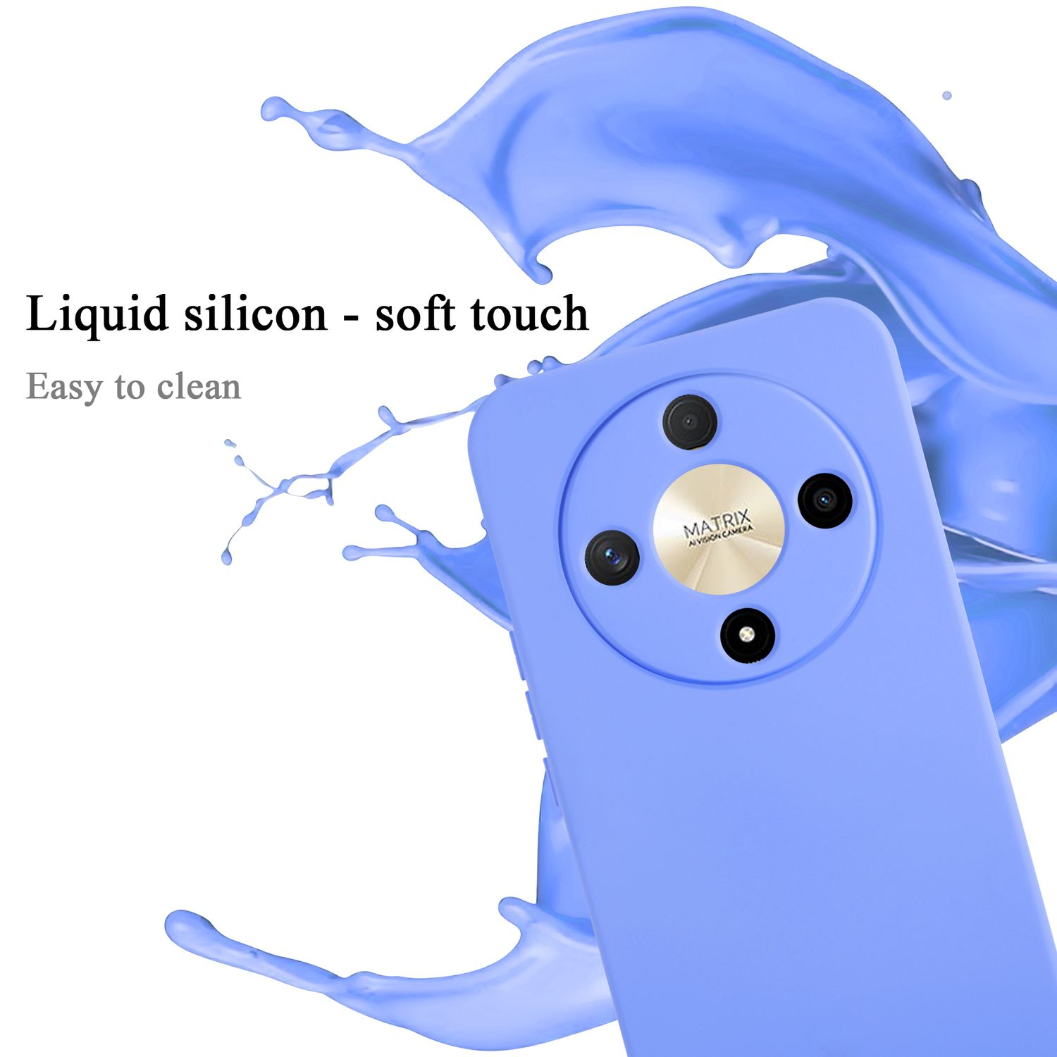 Custodia blu per telefono con silicone liquido. Testo: Facile da pulire. Area della fotocamera mostrata. Lo sfondo è uno schizzo blu.