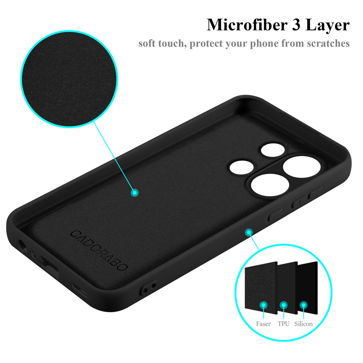 Custodia nera per telefono con telefono. La custodia ha un design multistrato. Testo: Microfibra 3 Strati.