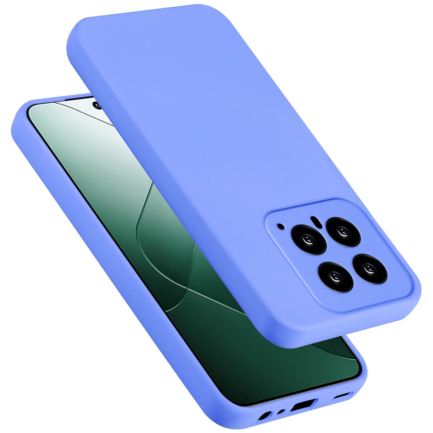 Custodia blu per telefono, due parti. Una copre lo schermo, l'altra il retro. Entrambe hanno ritagli.