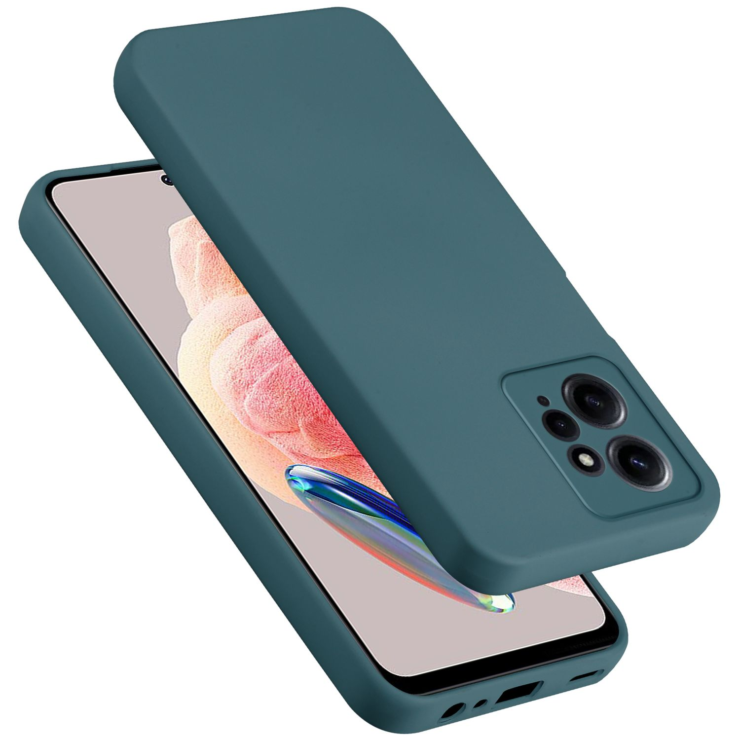 Una custodia verde acqua per telefono su un telefono con sfondo colorato.