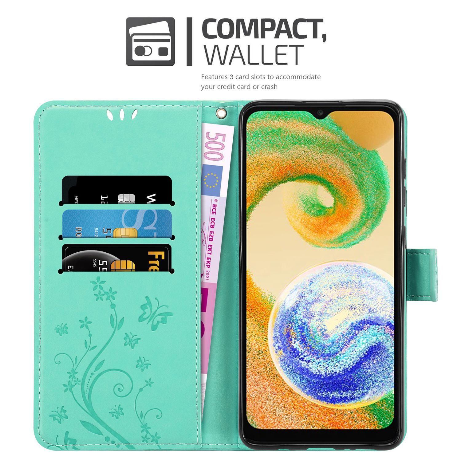 Portafoglio verde menta con carte e denaro, con un telefono.