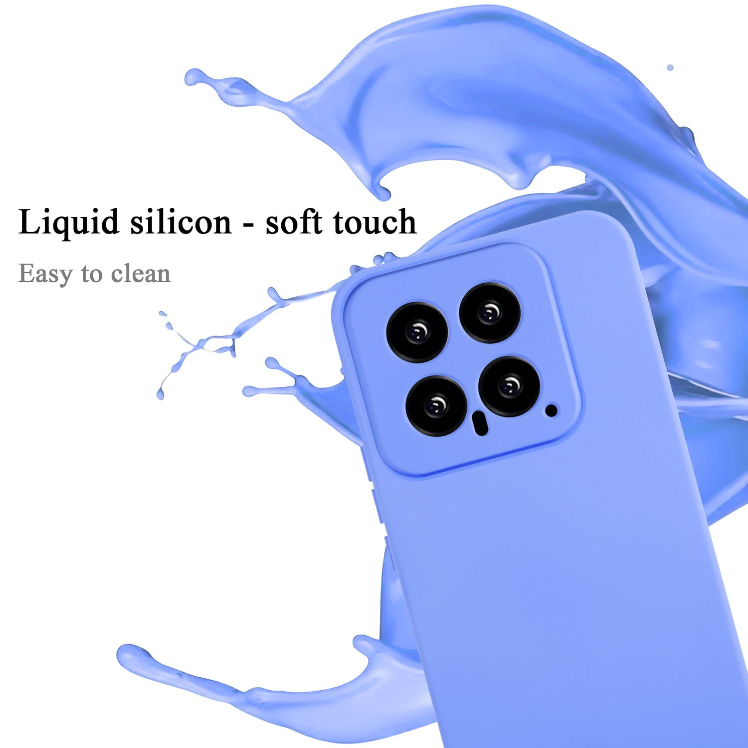 Una custodia per telefono azzurra con quattro fori per la fotocamera. Lo sfondo mostra schizzi d'acqua.