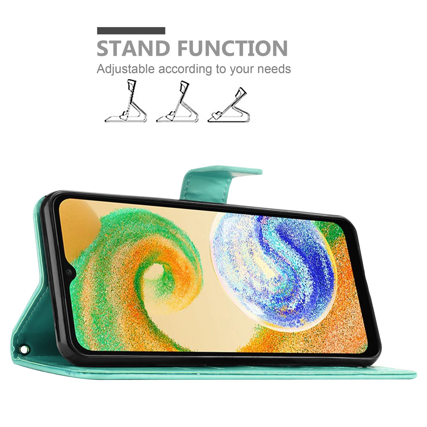 Custodia per telefono verde acqua con un telefono all'interno, che mostra un display colorato. La custodia è aperta, con funzione stand.