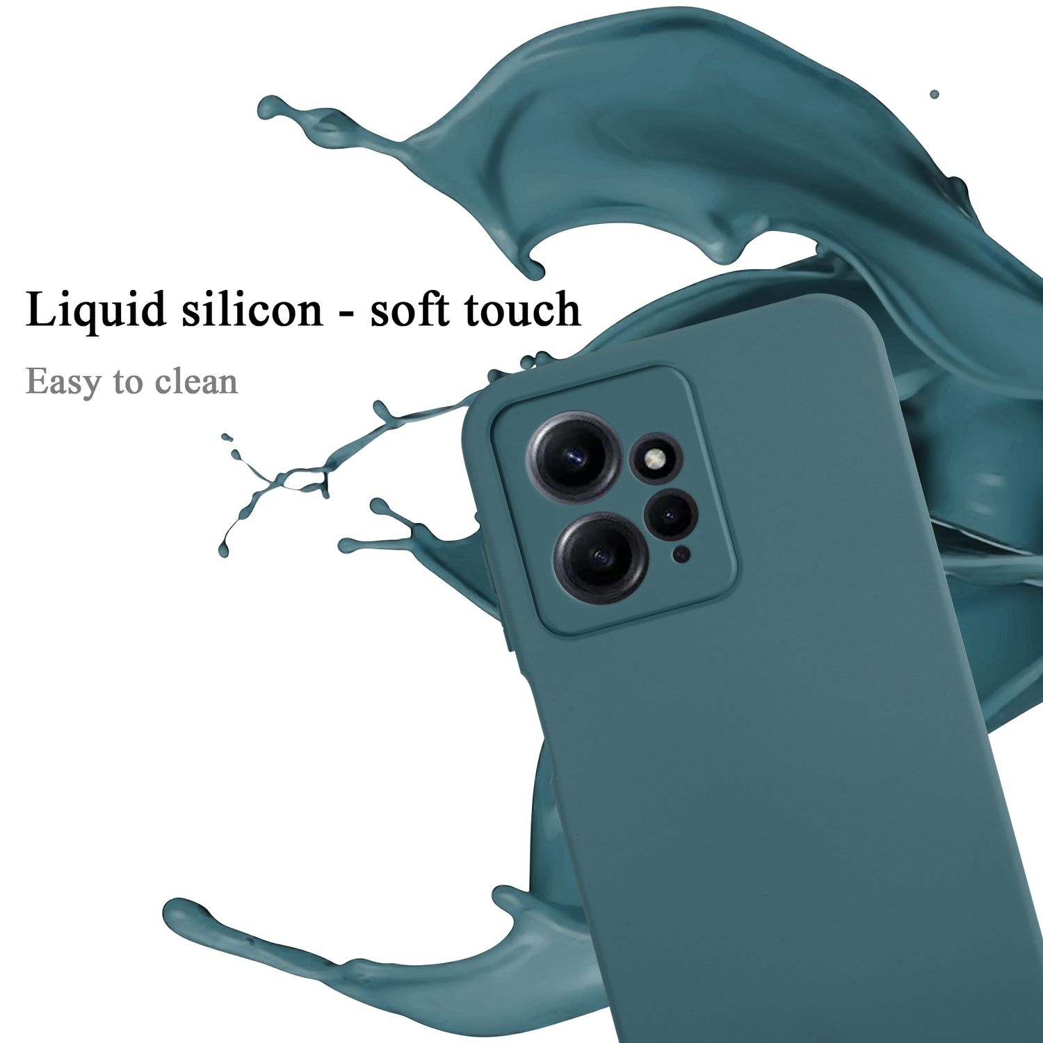 Custodia teal con schizzo di vernice teal. Testo: Silicone liquido, soft touch. Facile da pulire.