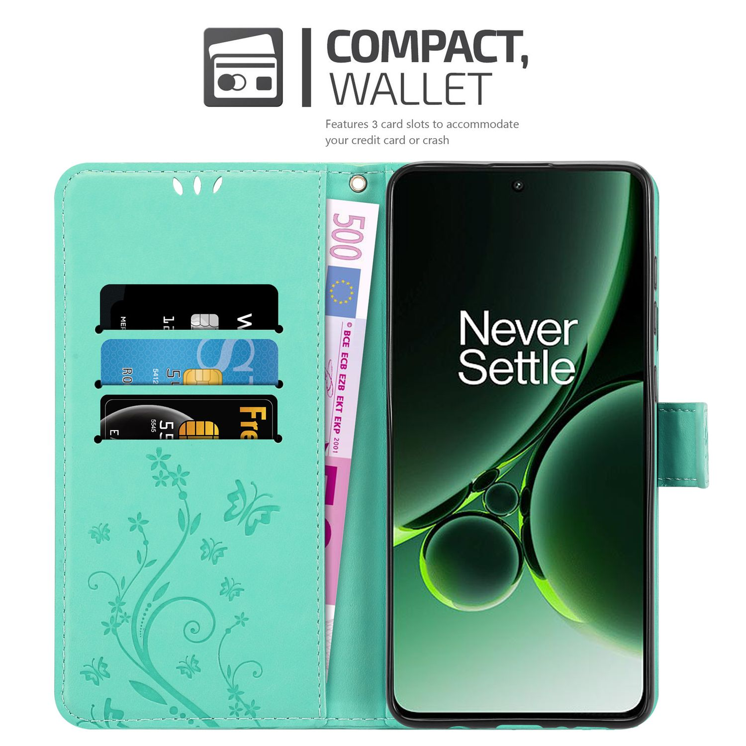 Custodia per telefono aperta con telefono e fessure per carte. La custodia è verde acqua, con il testo 'Never Settle'.