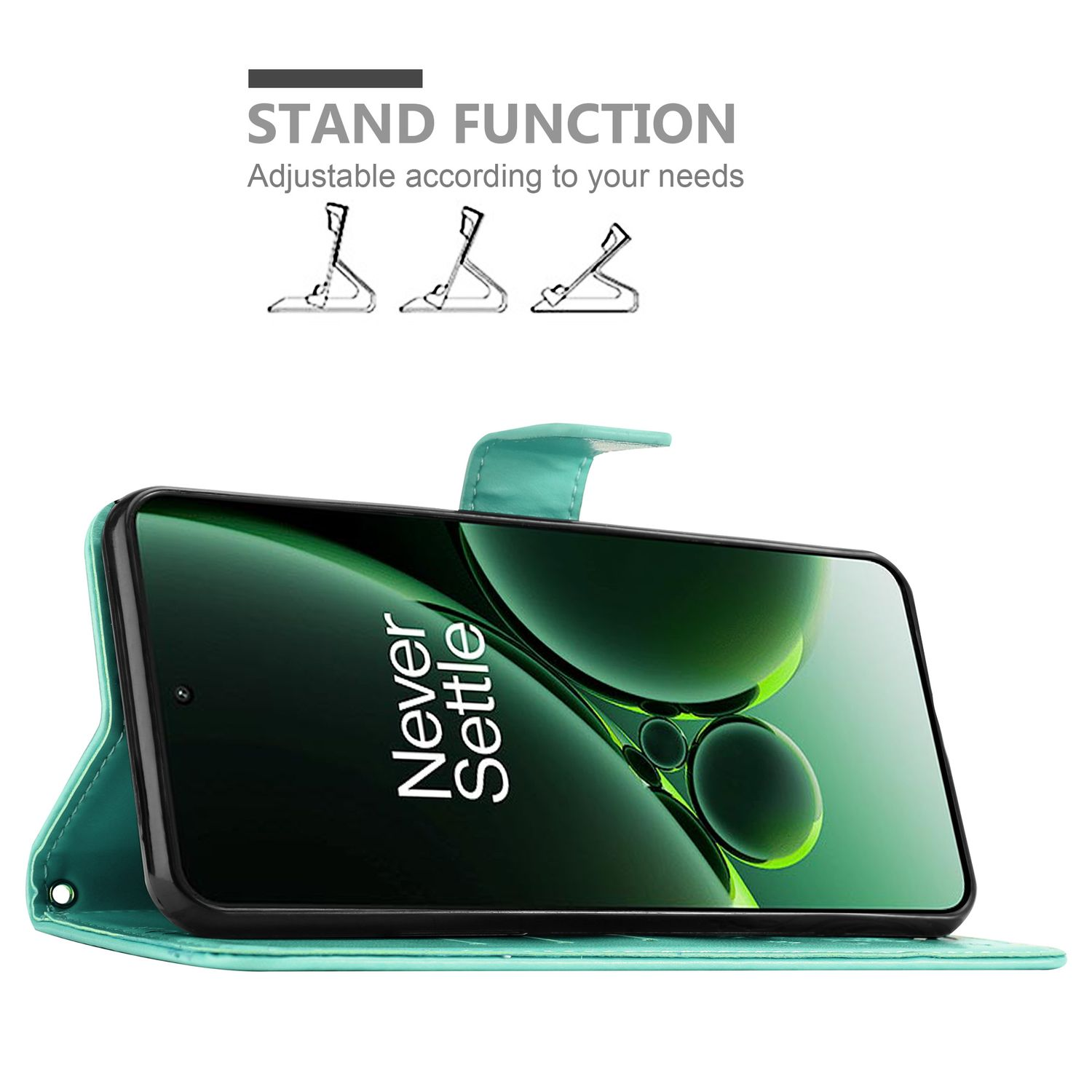 Custodia verde con telefono e le parole 'Never Settle'.
