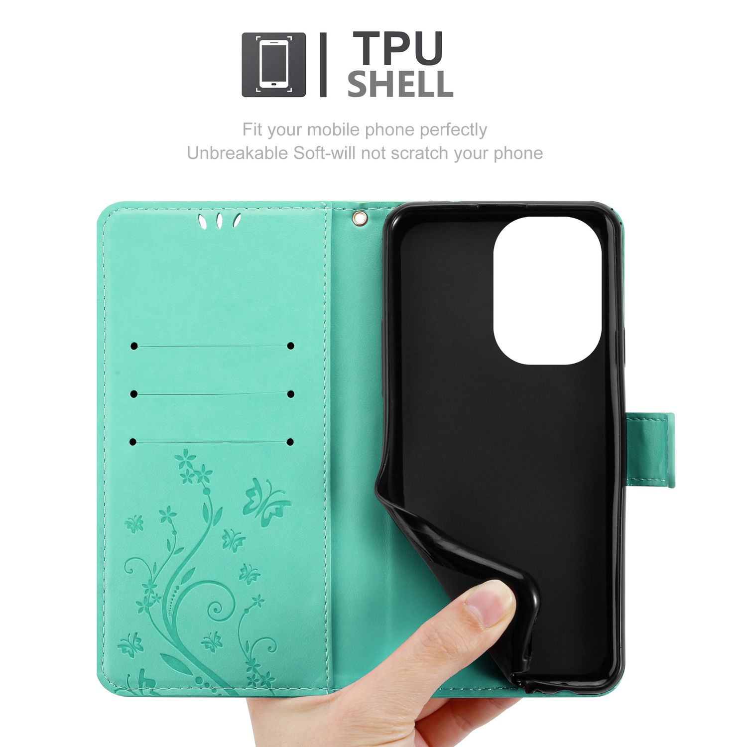 Custodia per telefono verde acqua stile portafoglio. Aperta, che mostra il telefono all'interno, tenuto da una mano.