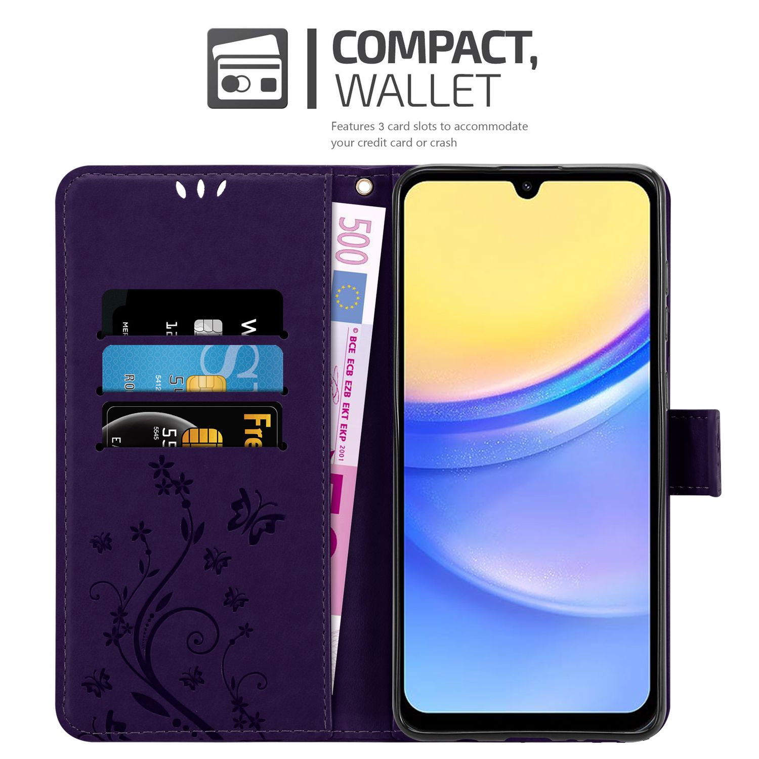 Custodia a portafoglio per telefono viola aperta, che mostra carte, denaro e lo schermo del telefono.