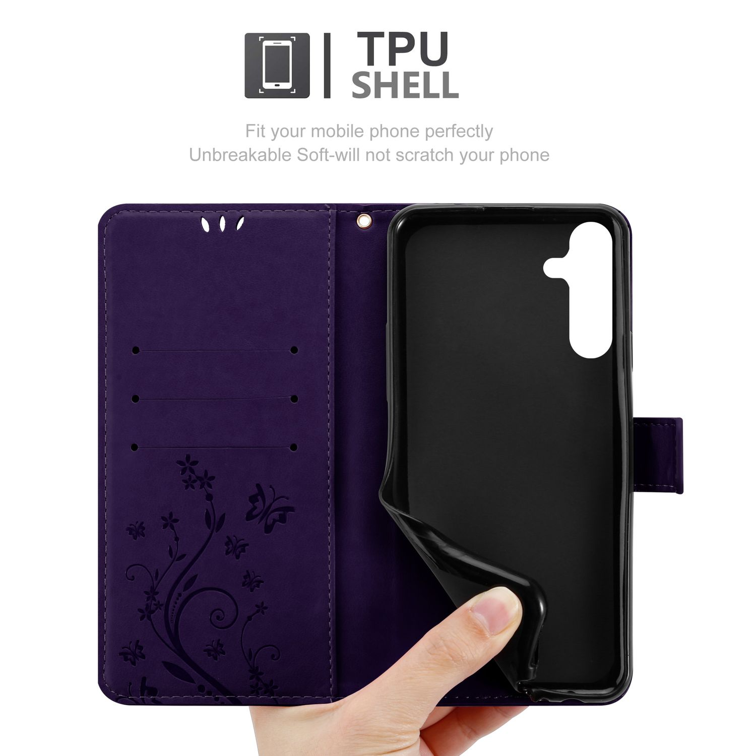 Custodia per telefono viola, aperta con telefono dentro, mano che lo tiene. Sfondo bianco con design floreale.