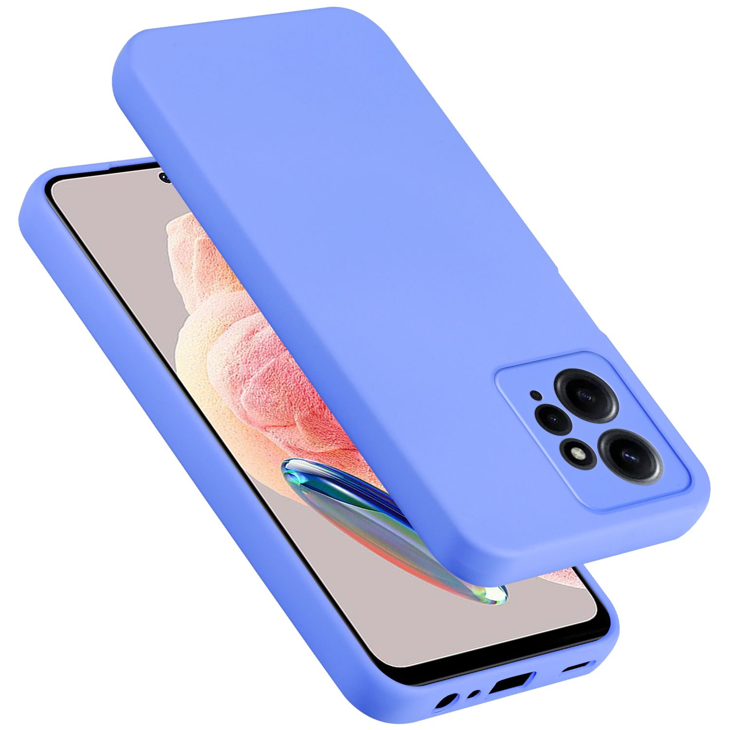 Una custodia blu per telefono, con un telefono all'interno. Lo sfondo è bianco.