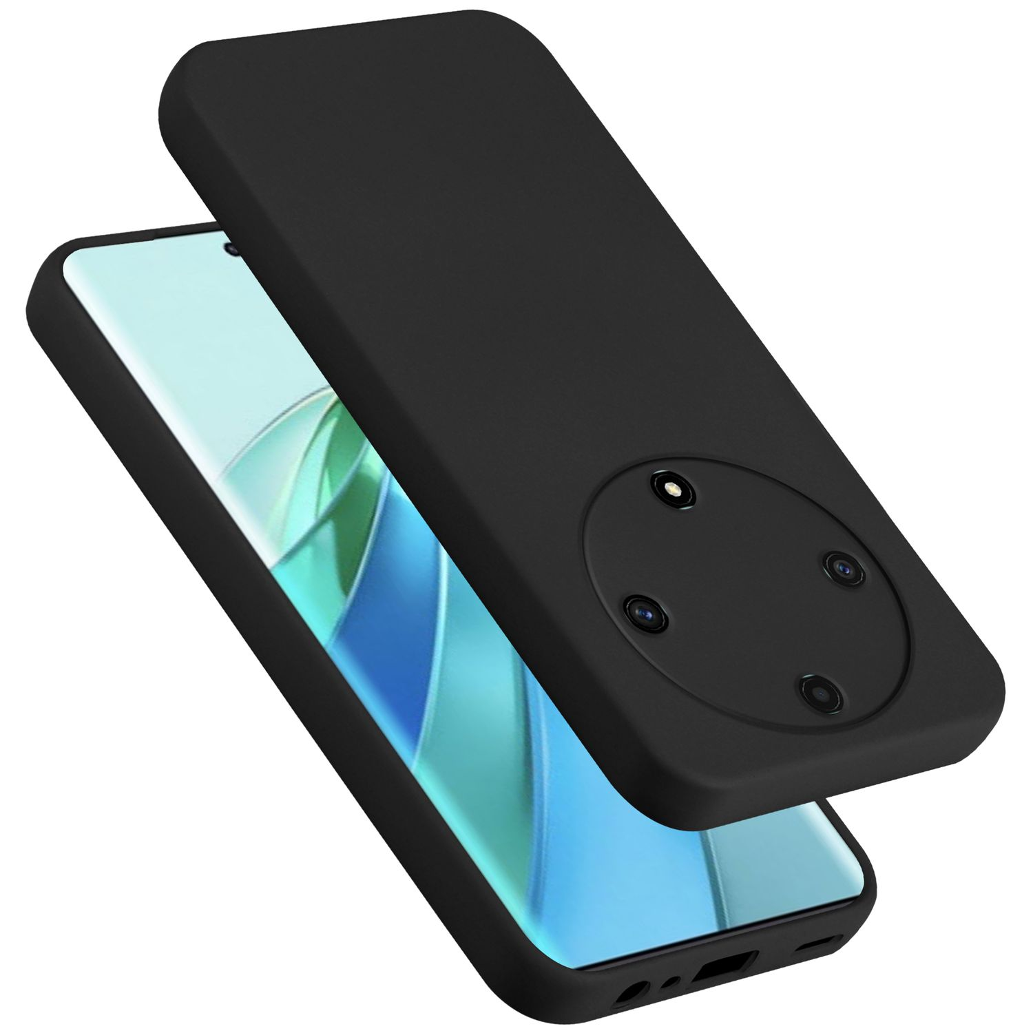 Custodia nera per telefono con cover nera, lo schermo del telefono è visibile. È nero.