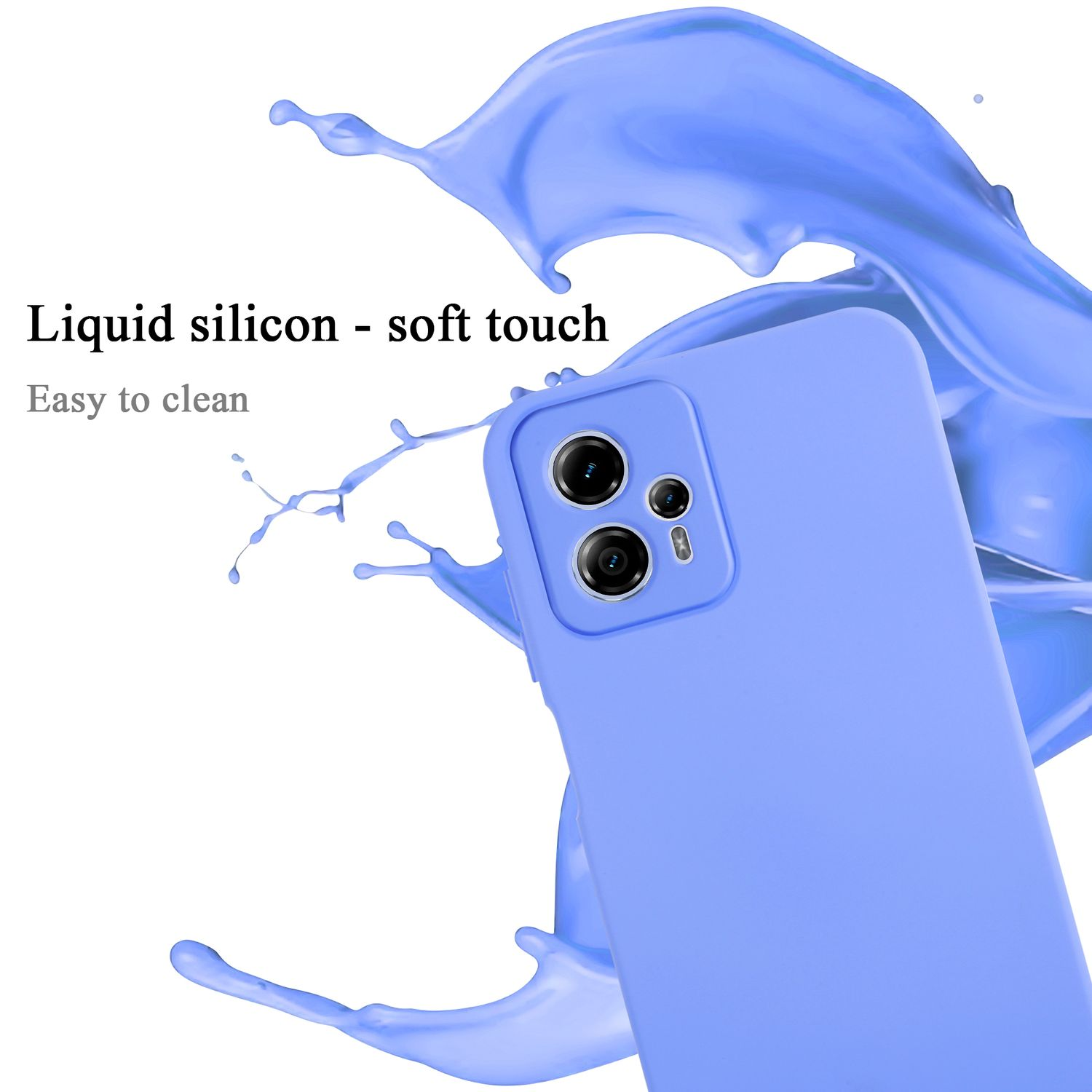Una custodia blu per telefono con schizzo di liquido blu, mostra l'area della fotocamera.