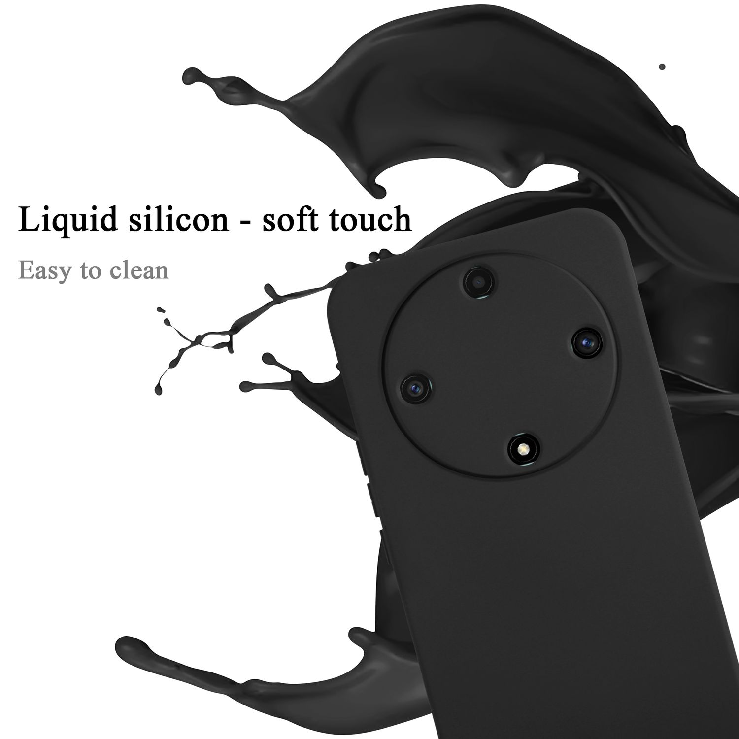 Custodia nera per telefono con schizzo liquido. Soft touch. Il telefono ha 4 fotocamere.
