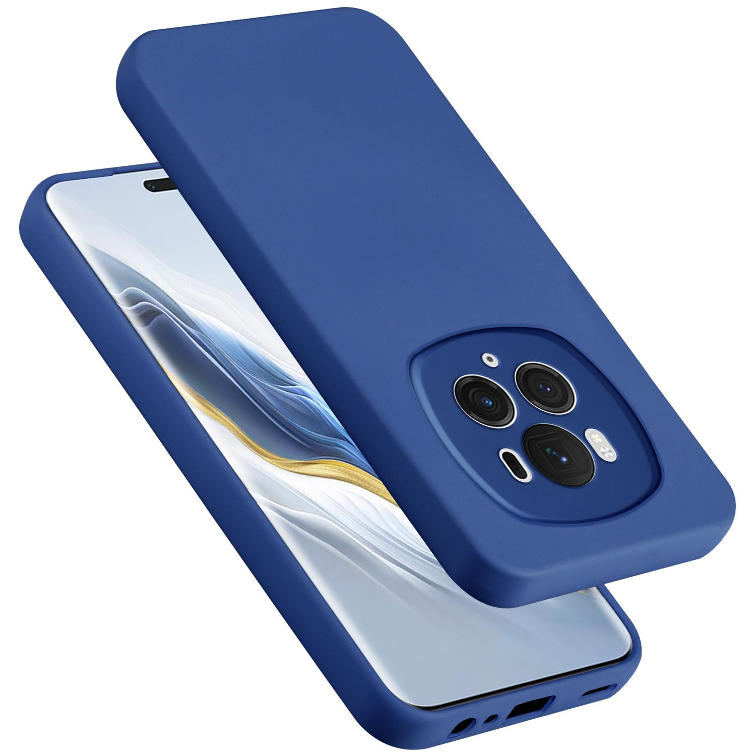 Telefono blu con custodia blu. Il telefono ha 3 fotocamere posteriori. La custodia è aperta.