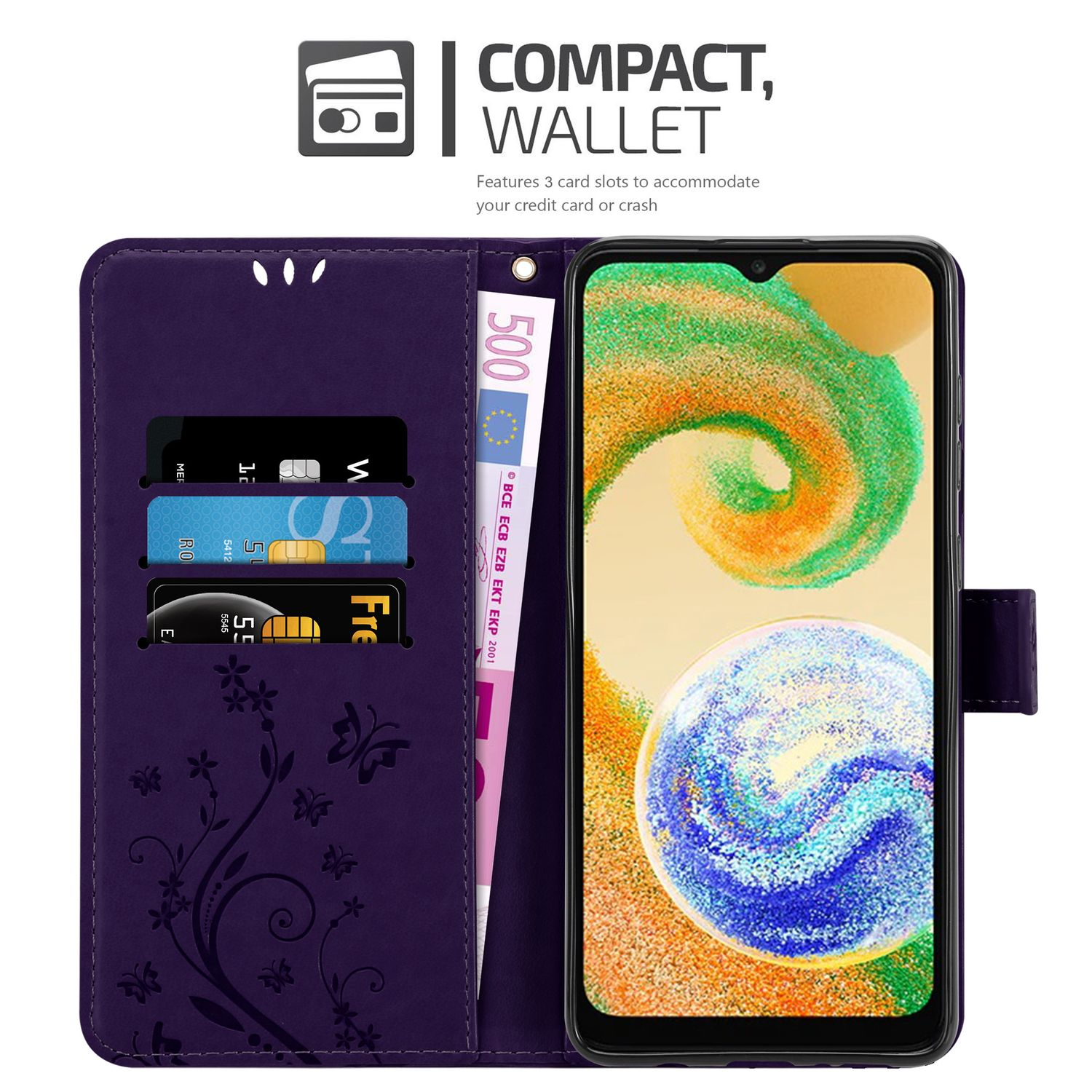 Un portafoglio per telefono viola è aperto, con carte di credito, contanti e un telefono all'interno. Un design floreale è sul portafoglio.