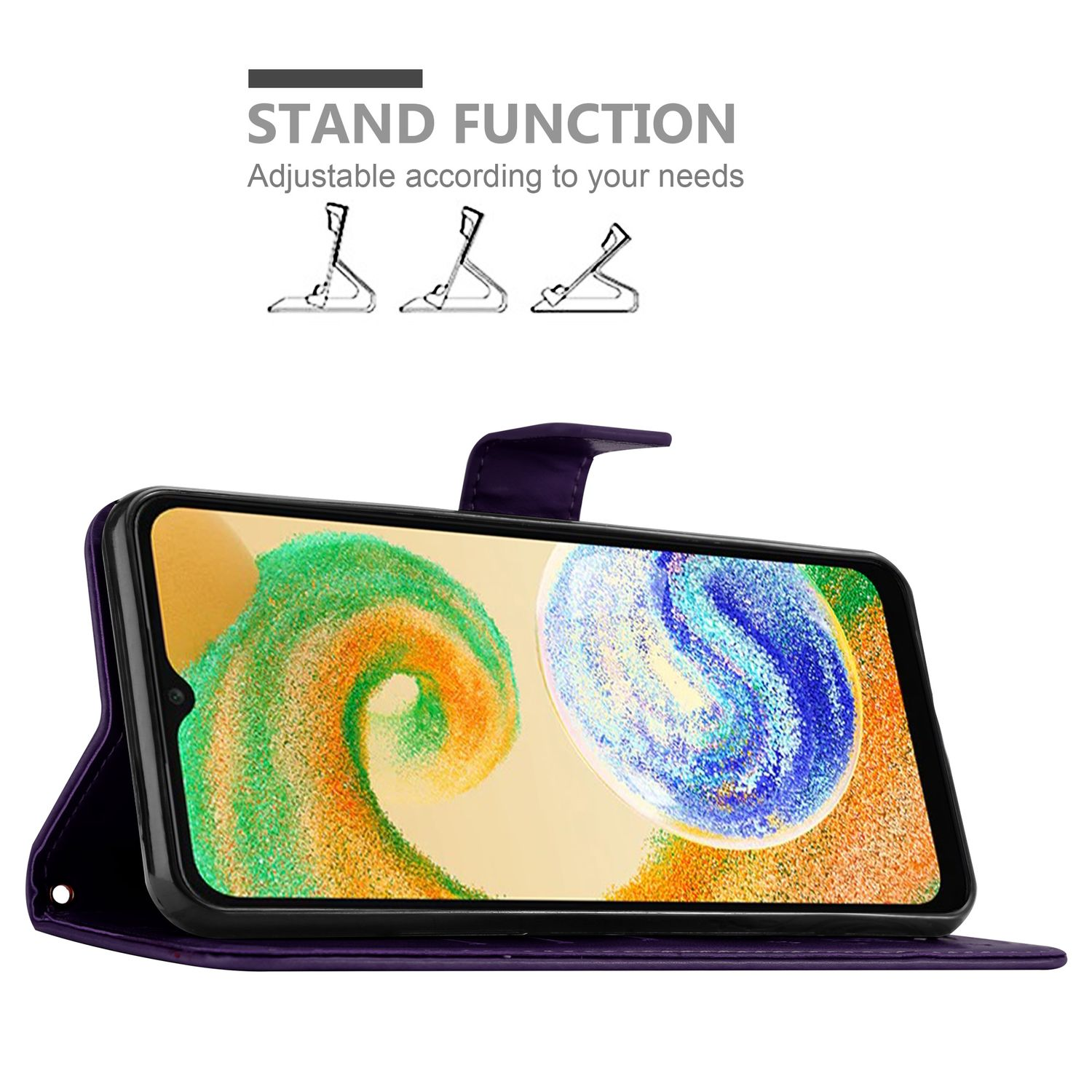 Custodia viola con telefono all'interno, che mostra una funzione stand. Vengono mostrate tre opzioni stand.