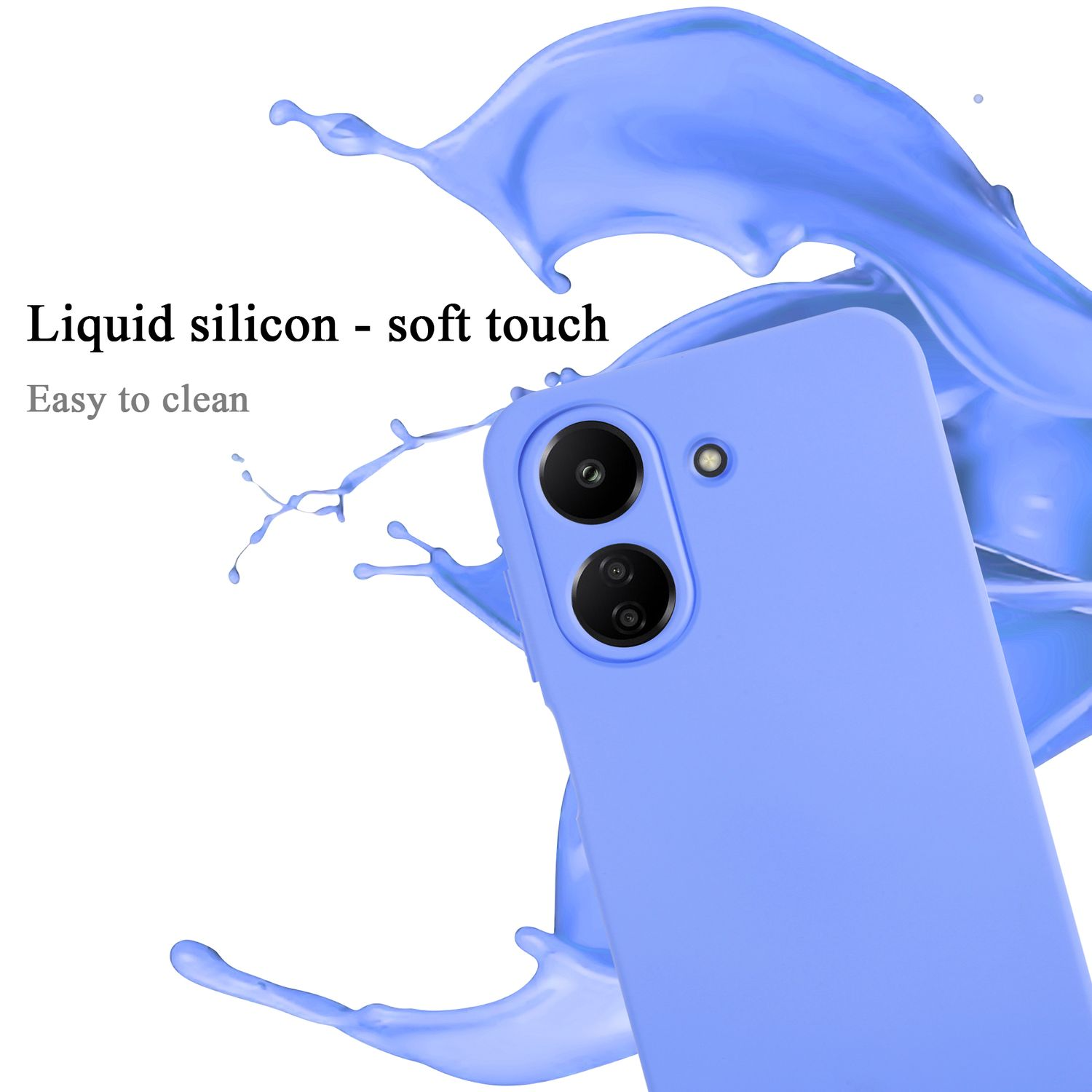 Primo piano di un telefono azzurro, con effetto silicone liquido. Il telefono ha più fotocamere.