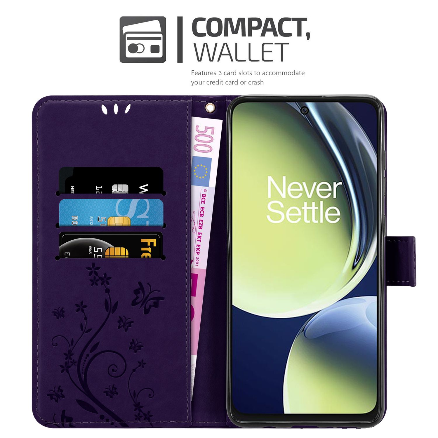 Una custodia a portafoglio viola con scomparti per carte, una tasca per soldi e un telefono all'interno, con motivo floreale.