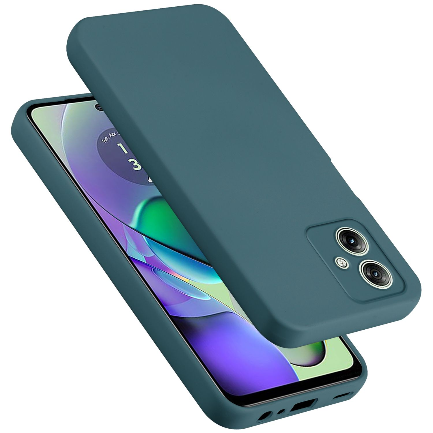 Custodia telefono color verde acqua con schermo visibile. La custodia è sopra il telefono.