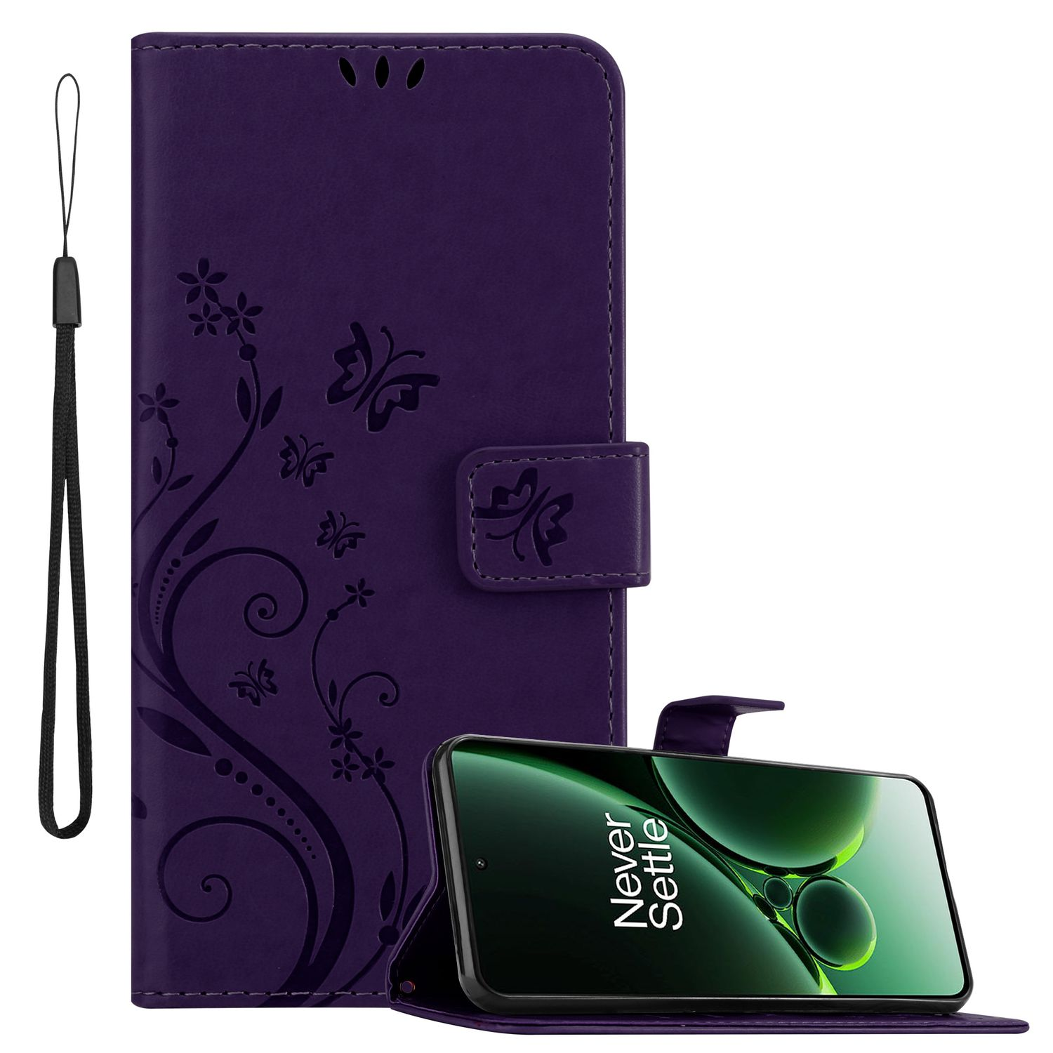 Custodia viola per telefono con fiori all'esterno e telefono all'interno. Cinturino nero.