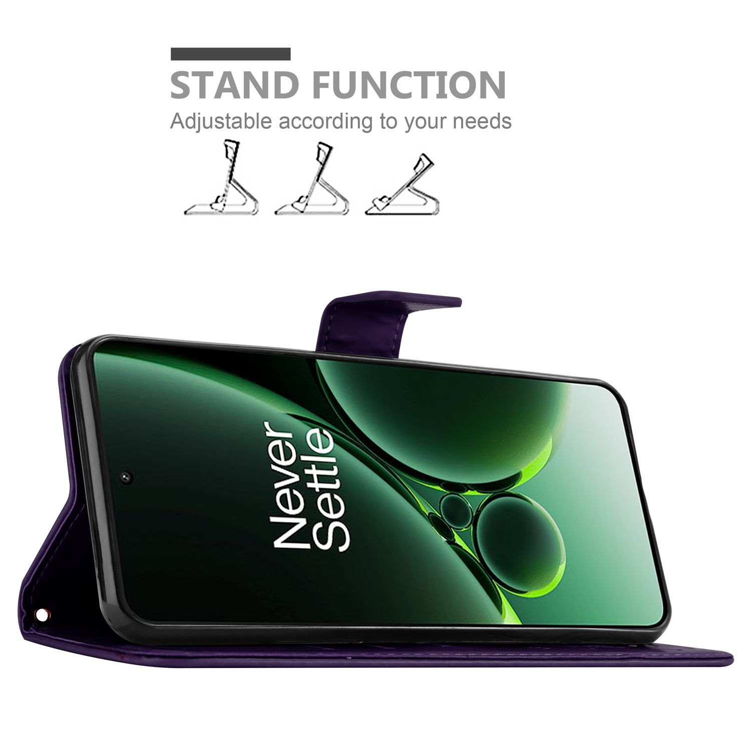 Custodia per telefono viola aperta, con un telefono dentro. Il testo è visibile sullo schermo. Sfondo bianco.