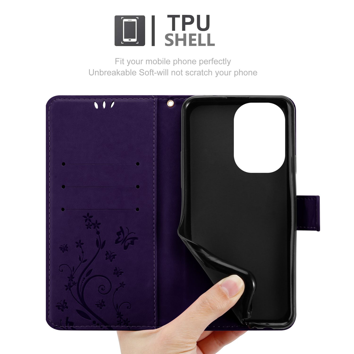 Una custodia per telefono viola, aperta per rivelare il supporto del telefono, con dettagli floreali e una mano che lo tiene.