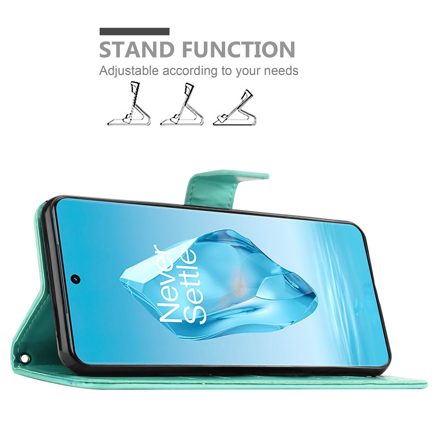 Custodia verde per telefono, aperta, che mostra un telefono. Sul telefono c'è scritto Never Settle. Sfondo bianco.