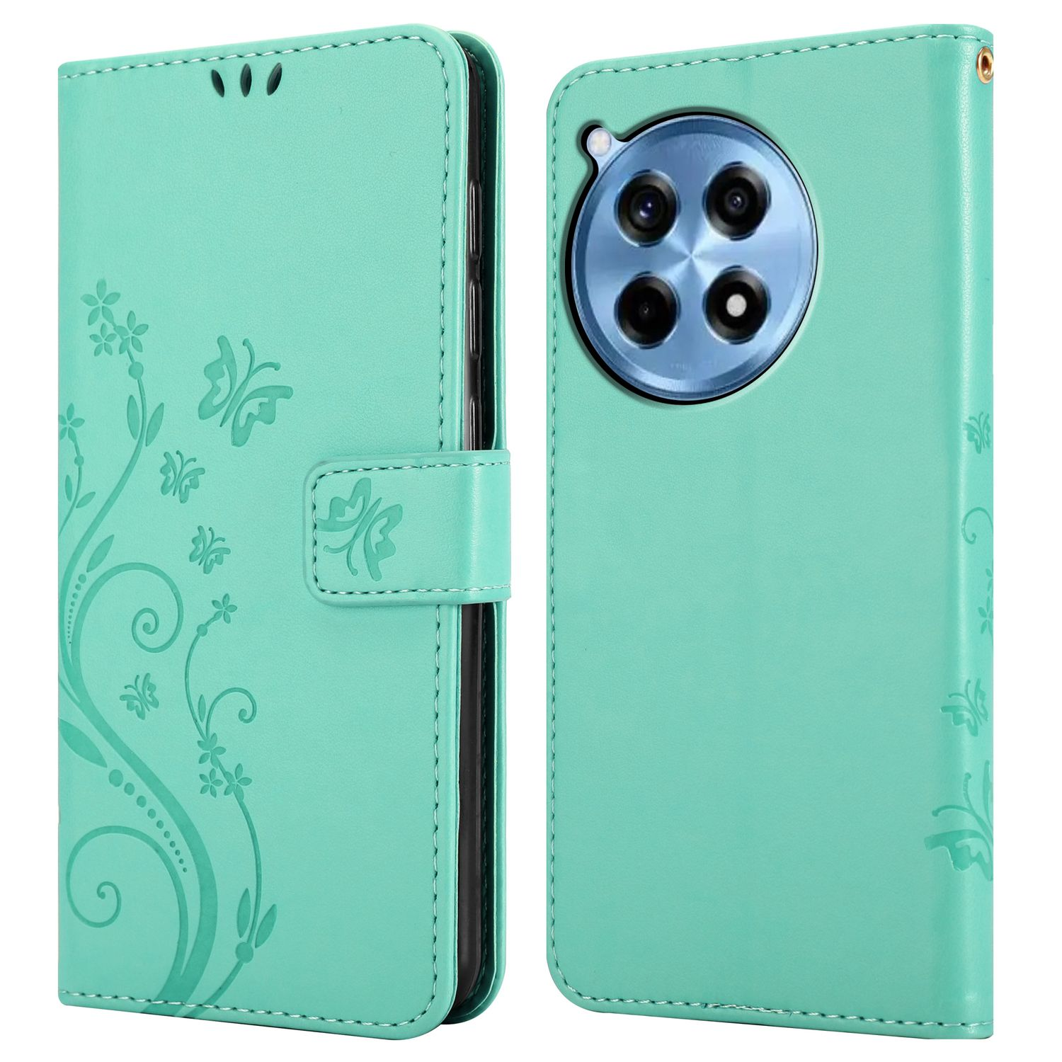 Una custodia per telefono, aperta, color verde acqua. L'interno è nero, il telefono al suo posto. Fiori sulla custodia.