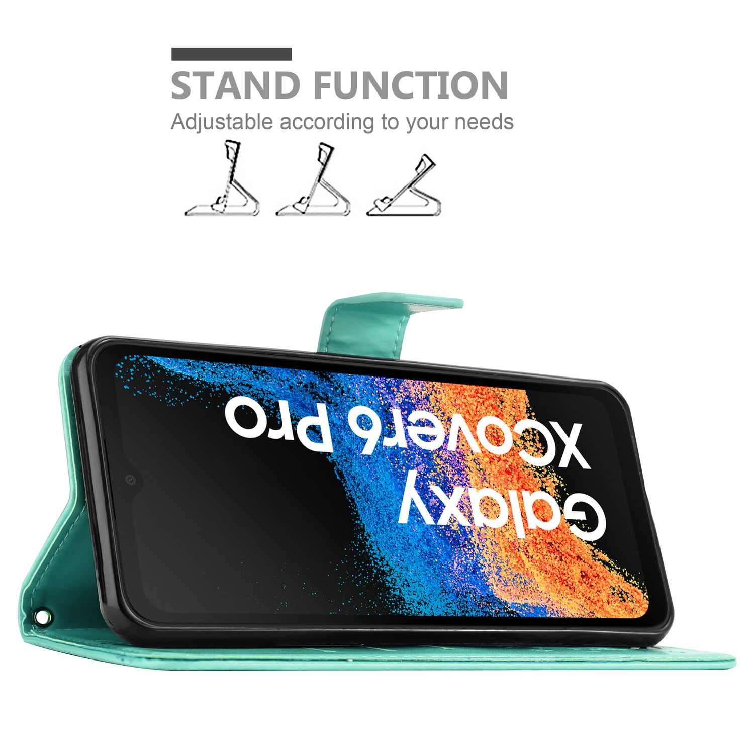 Custodia per telefono verde acqua con telefono. Testo: Funzione supporto. Schermo del telefono mostra. Testo Galaxy Xcover Pro inverso.