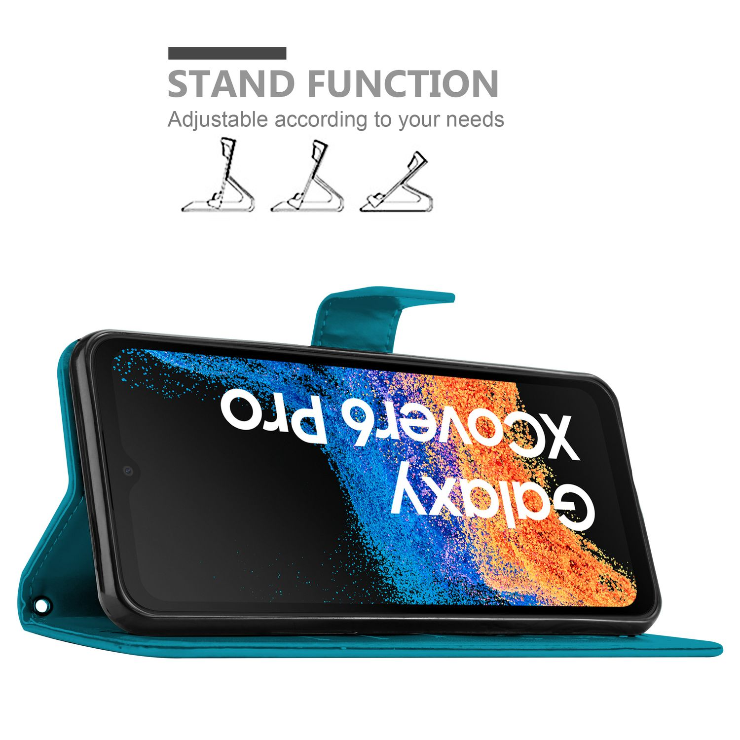 Una custodia per telefono verde acqua con un telefono che mostra una grafica colorata. La funzione di supporto è visibile in alto.